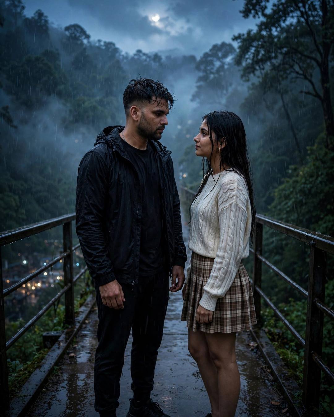 Young couple standing face to face on a rainy bridge at night under moonlight, unable to part