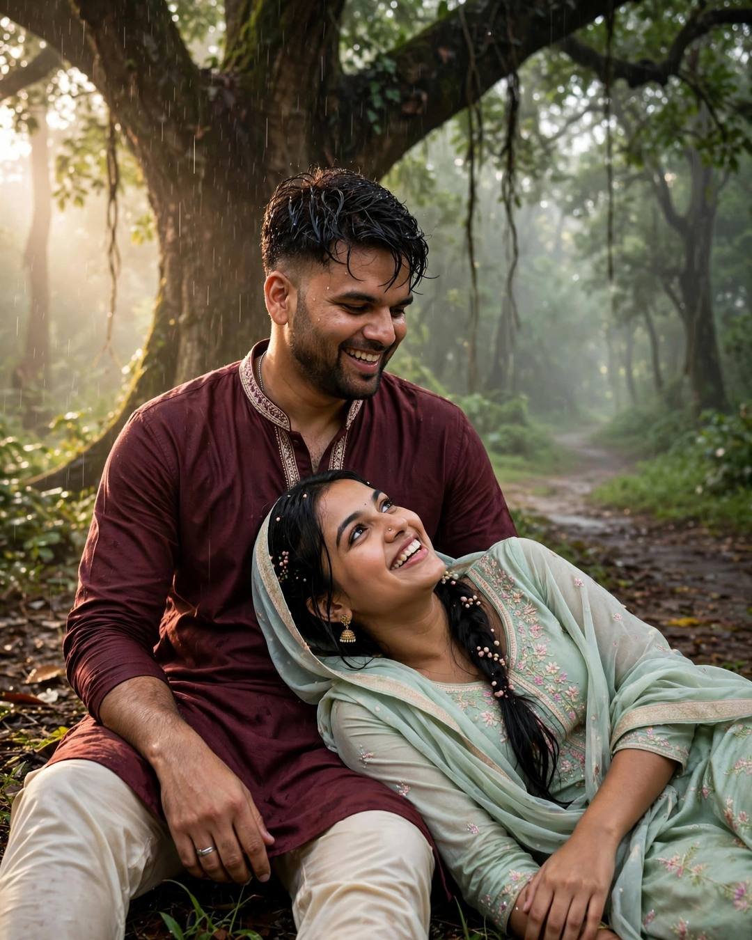 Young couple sitting under a tree on a misty forest path, woman's head in the man's lap, both laughing in drizzle