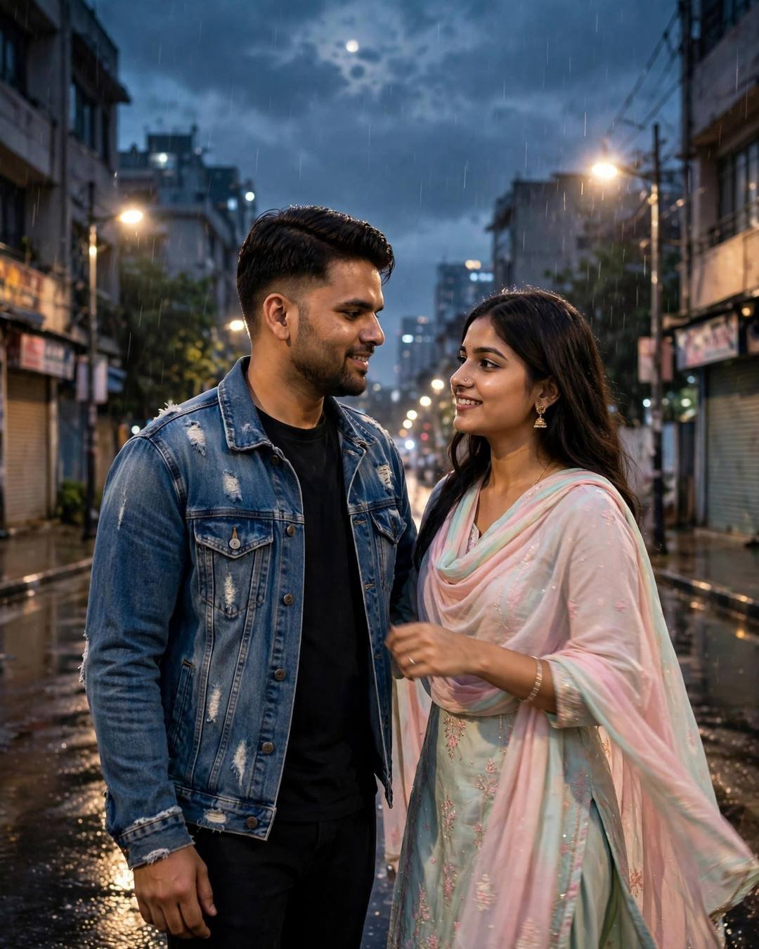 Young couple slow dancing on a rain-soaked empty city street at night, streetlights glowing, moonlit clouds