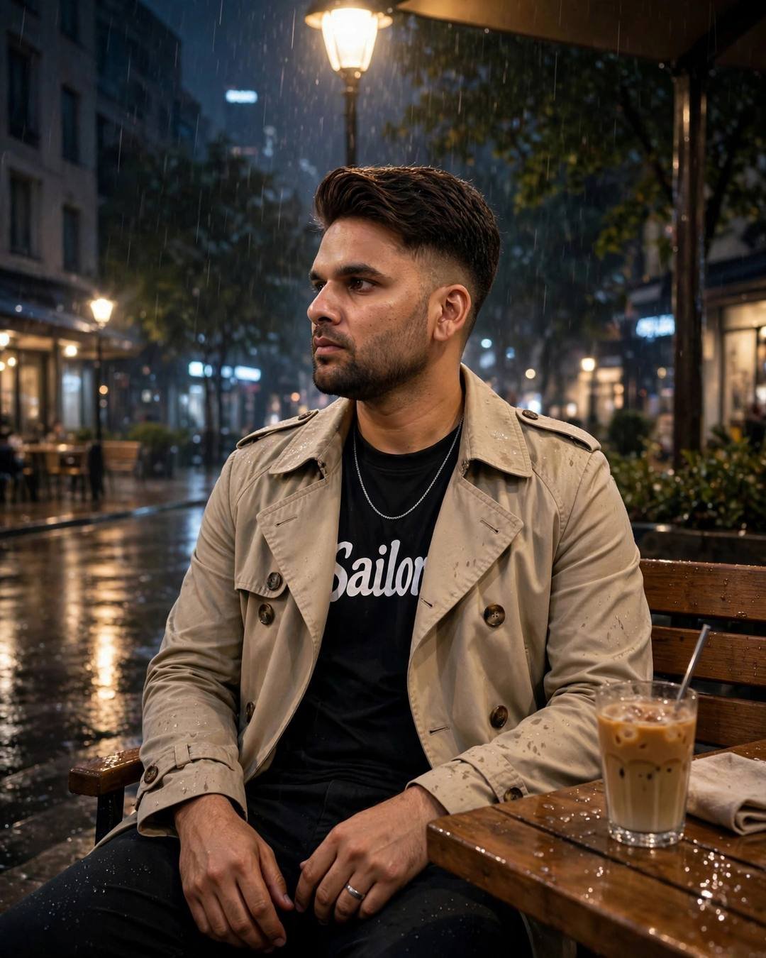 Young Indian man in a beige trench coat sitting under a lone lamp on a rain-wet street at midnight, an iced coffee on the table