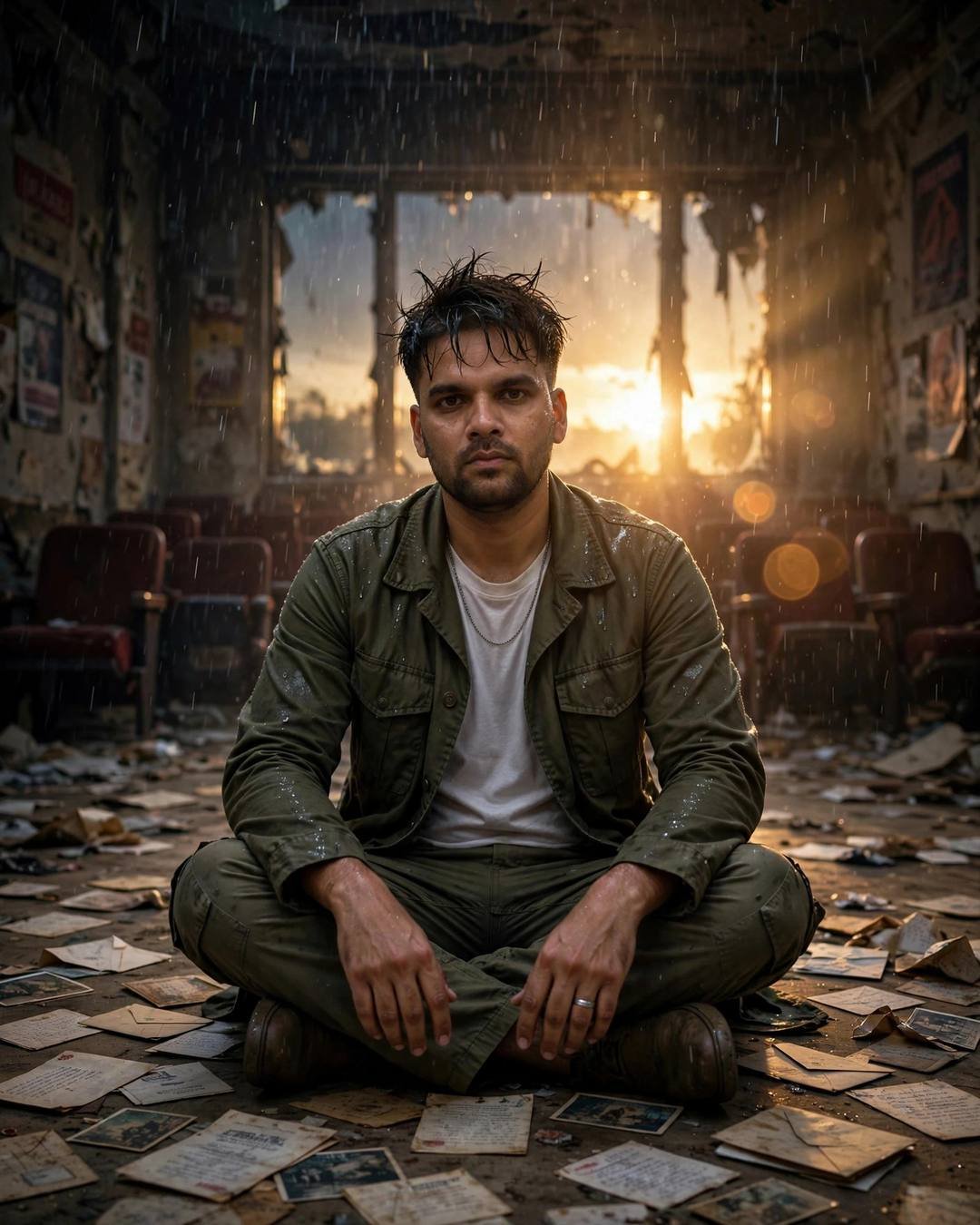Young Indian man in an olive field jacket sitting cross-legged on the floor of an abandoned cinema hall among old letters, golden backlight behind