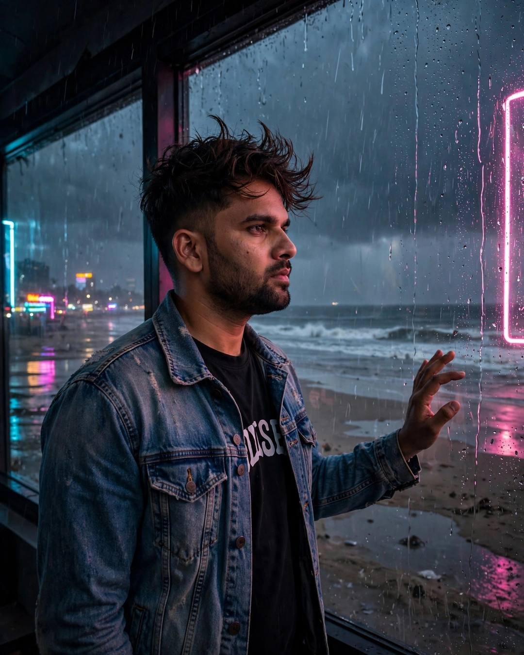Young Indian man in a distressed denim jacket in profile at a rain-streaked window, neon pink and cyan reflections, stormy beach beyond
