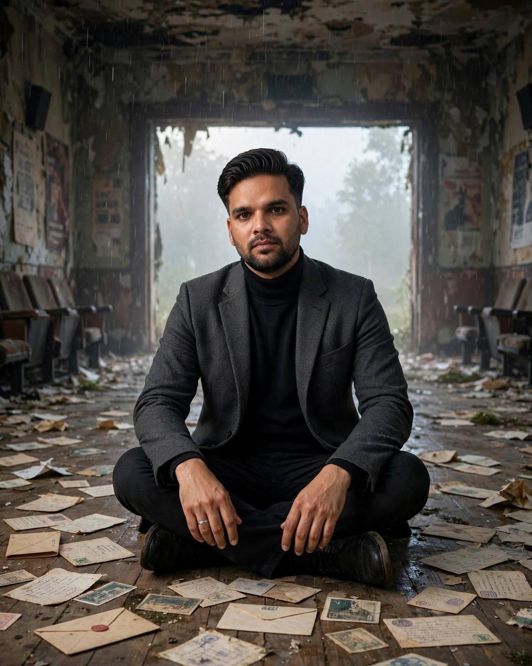 Young Indian man in a charcoal blazer and black turtleneck sitting cross-legged among old letters in a fog-filled derelict hall