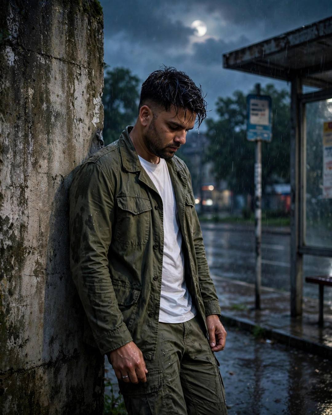 Young Indian man in an olive field jacket leaning against a weathered wall at a rainy bus stop at night, moon behind clouds