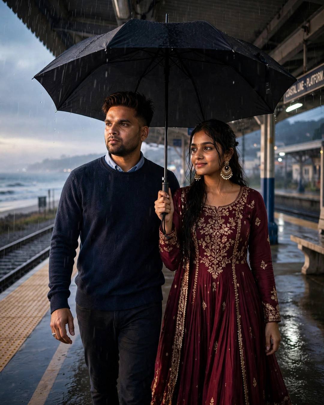 Running from waves, laughing — AI-generated photorealistic portrait in the Beach Couple mood