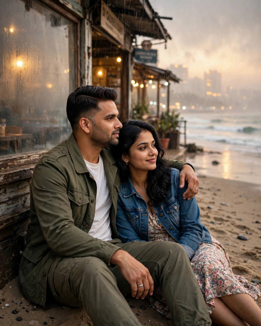 A red dupatta streaming in the sea — AI-generated photorealistic portrait in the Beach Couple mood