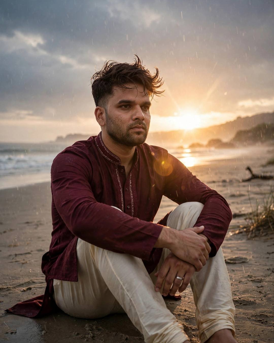 Black pathani with a silver watch glinting — AI-generated photorealistic portrait in the Black Outfit mood