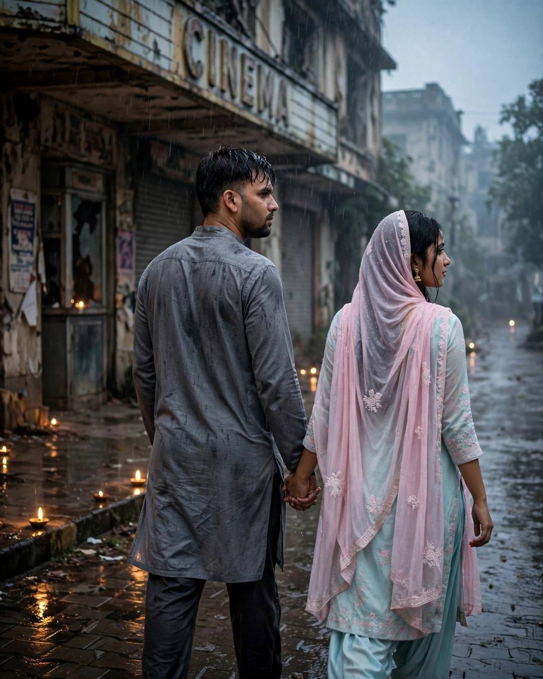 A couple walking hand in hand away from the camera past an abandoned cinema hall in the rain — the man in a grey kurta, the woman in a pastel salwar-kameez with dupatta.