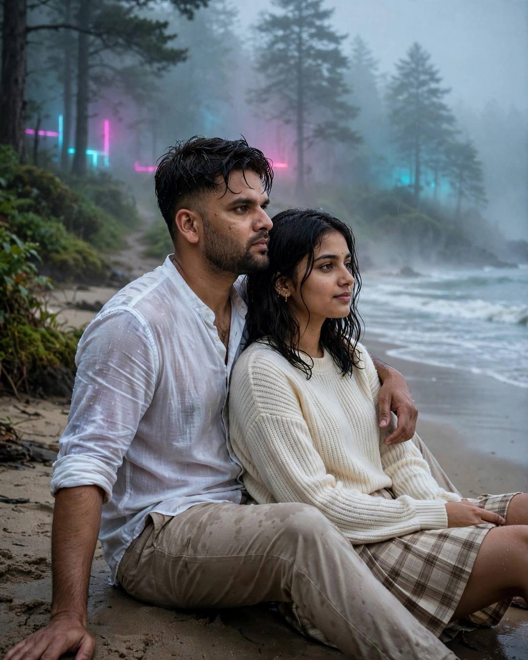 A couple sitting on a beach at dusk with misty pine forest behind them — the man in a white linen shirt with his arm around a woman in a cream knit top and plaid skirt.