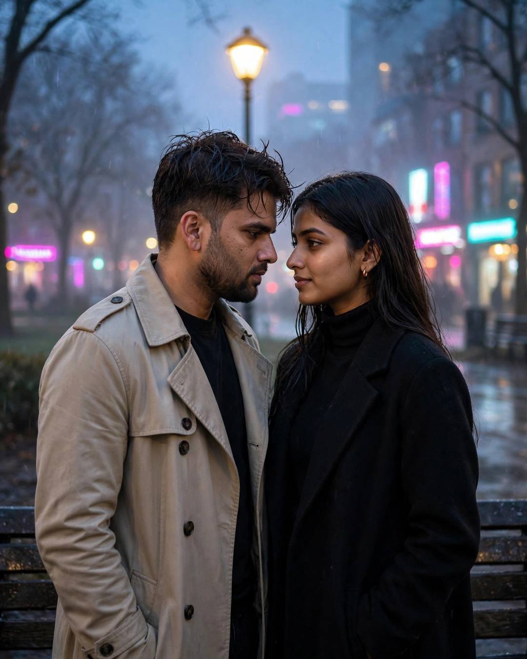 A couple standing face to face with foreheads almost touching under a park lamp at night — the man in a beige trench coat, the woman in a black turtleneck and long coat, city neon behind.