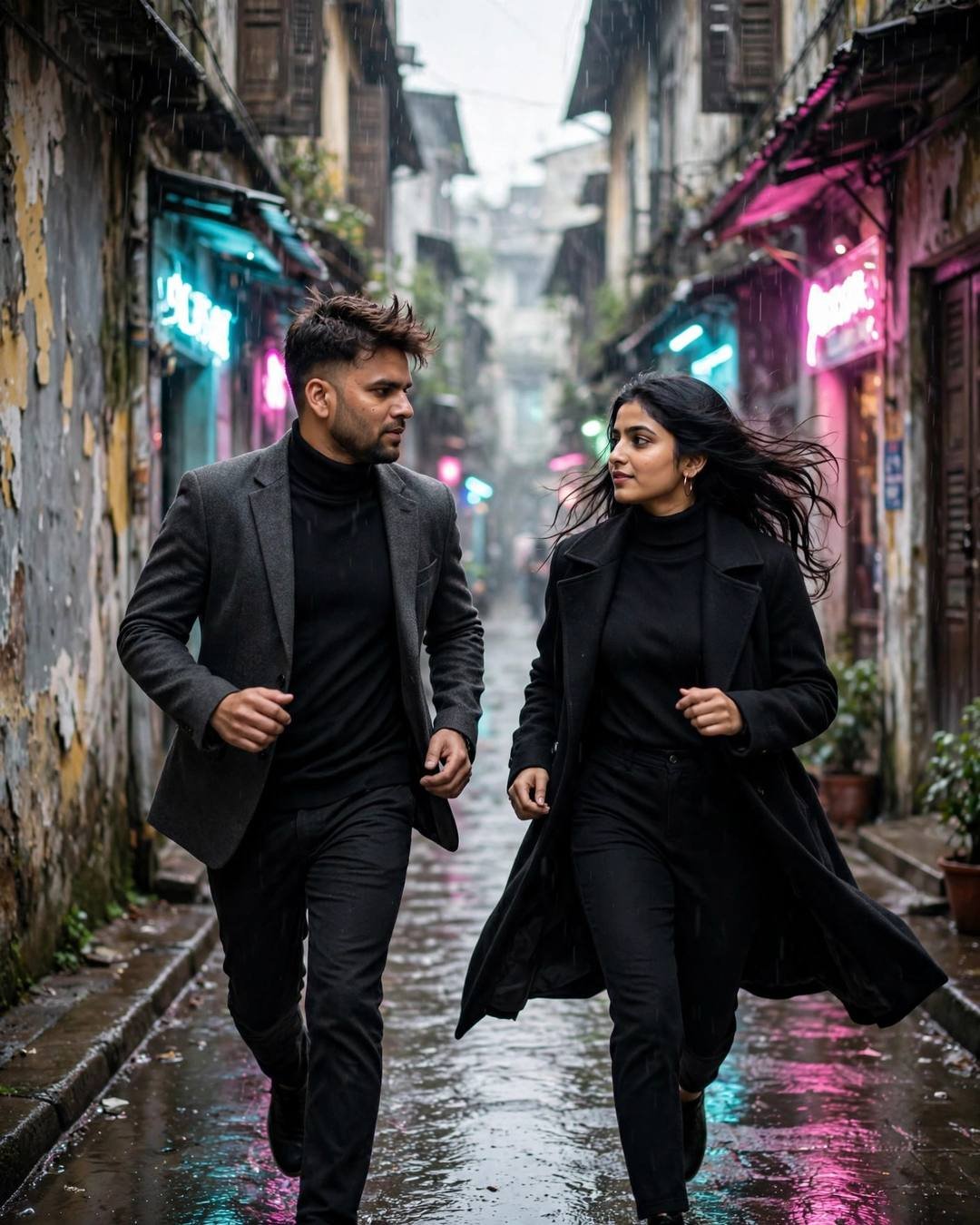 A couple running toward each other in a narrow rain-wet old-city lane with peeling walls — the man in a charcoal blazer and black turtleneck, the woman in a black turtleneck and long coat, neon signs glowing.