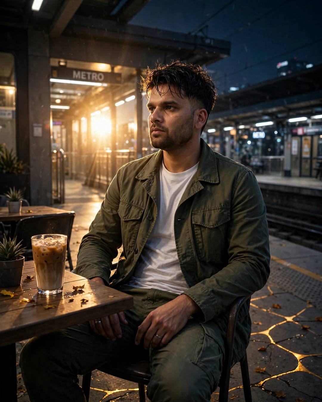 A man in an olive field jacket sitting at a cafe table on a metro platform at night, golden backlight flaring, golden cracks glowing in the concrete