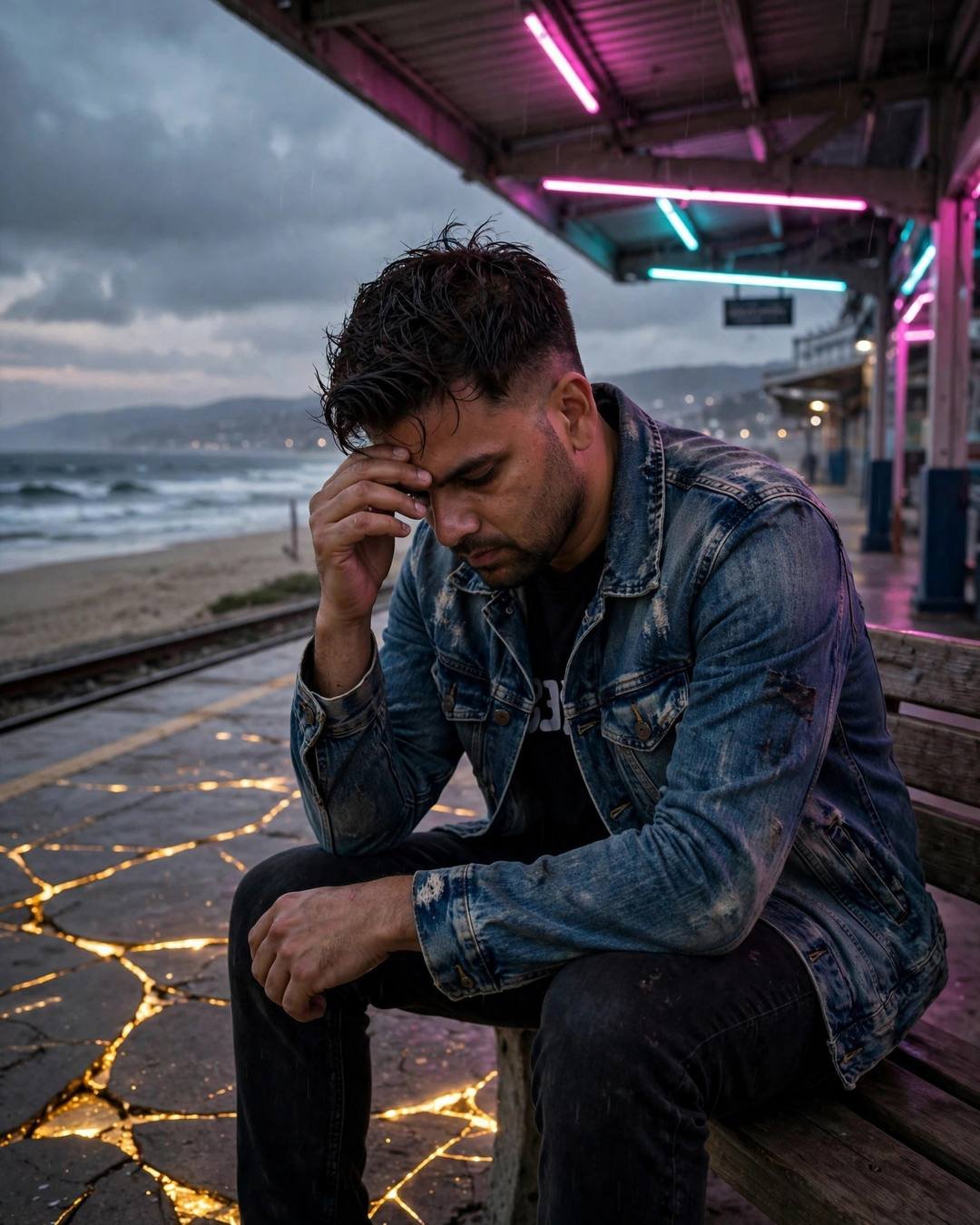 A man in a distressed denim jacket sitting on a station bench by the sea at dusk, hand to his forehead, neon pink and cyan lights, golden cracks in the concrete