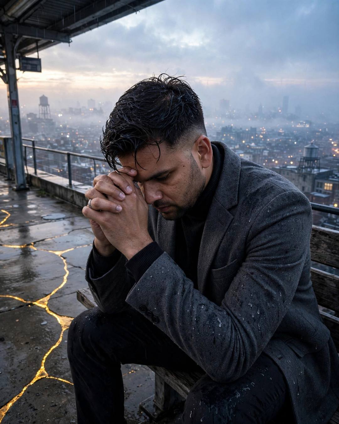 A man in a charcoal blazer sitting on a rooftop bench with his head bowed into folded hands, a foggy city glittering below at blue hour
