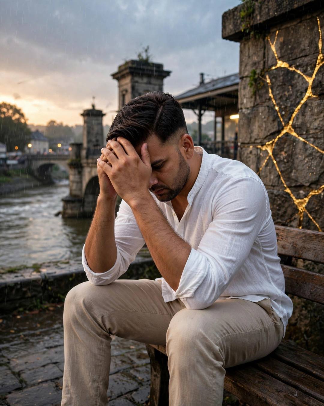 A man in a white linen shirt sitting on a bench by a stone bridge over a river at golden hour, head bowed into his hands, golden cracks glowing on the stone pillar