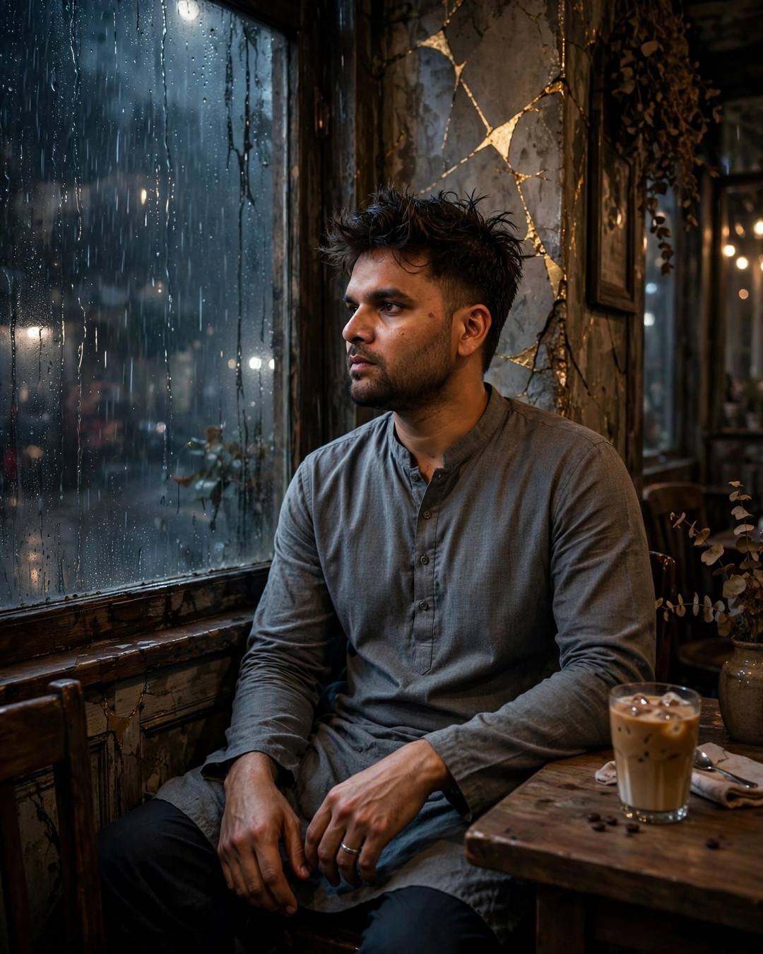 A man in a grey kurta sitting at a cafe table by a rain-streaked window at night, an iced coffee on the table, a wall with golden cracks behind him