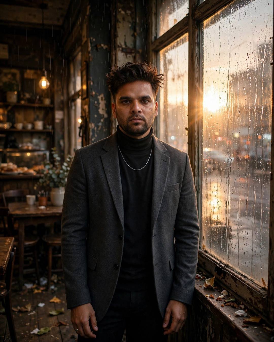Young man in charcoal blazer at a rain-streaked cafe window, golden light flaring through glass
