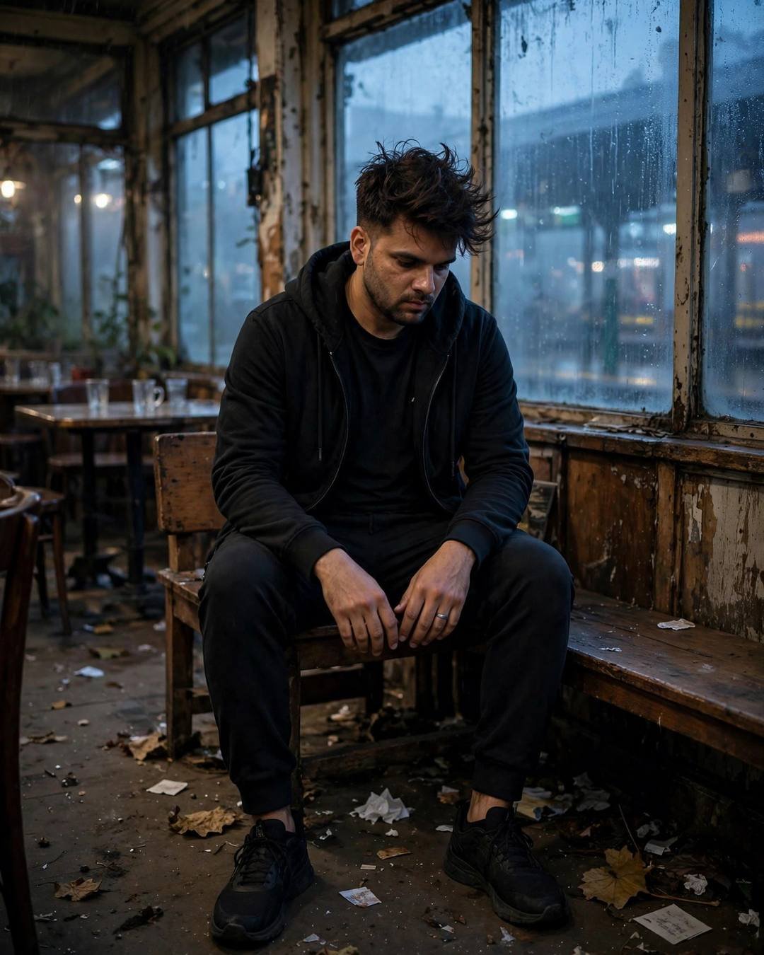 Young man in black streetwear hunched on a bench in an old cafe, fogged windows glowing blue