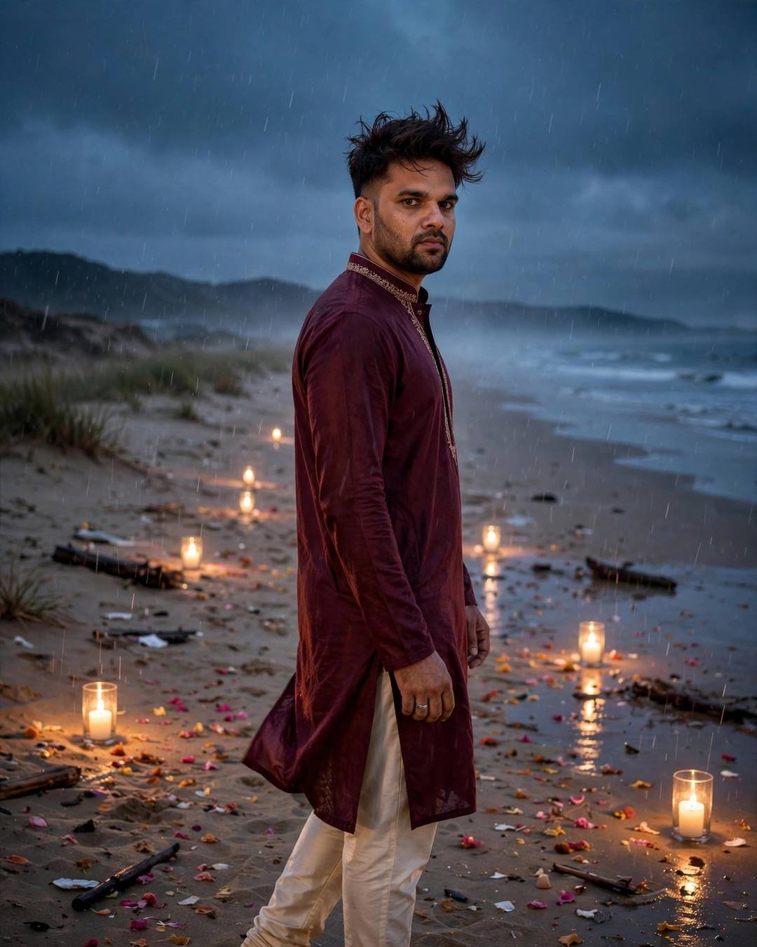Young man in maroon kurta on a rainy beach at dusk, candles and flower petals on the sand