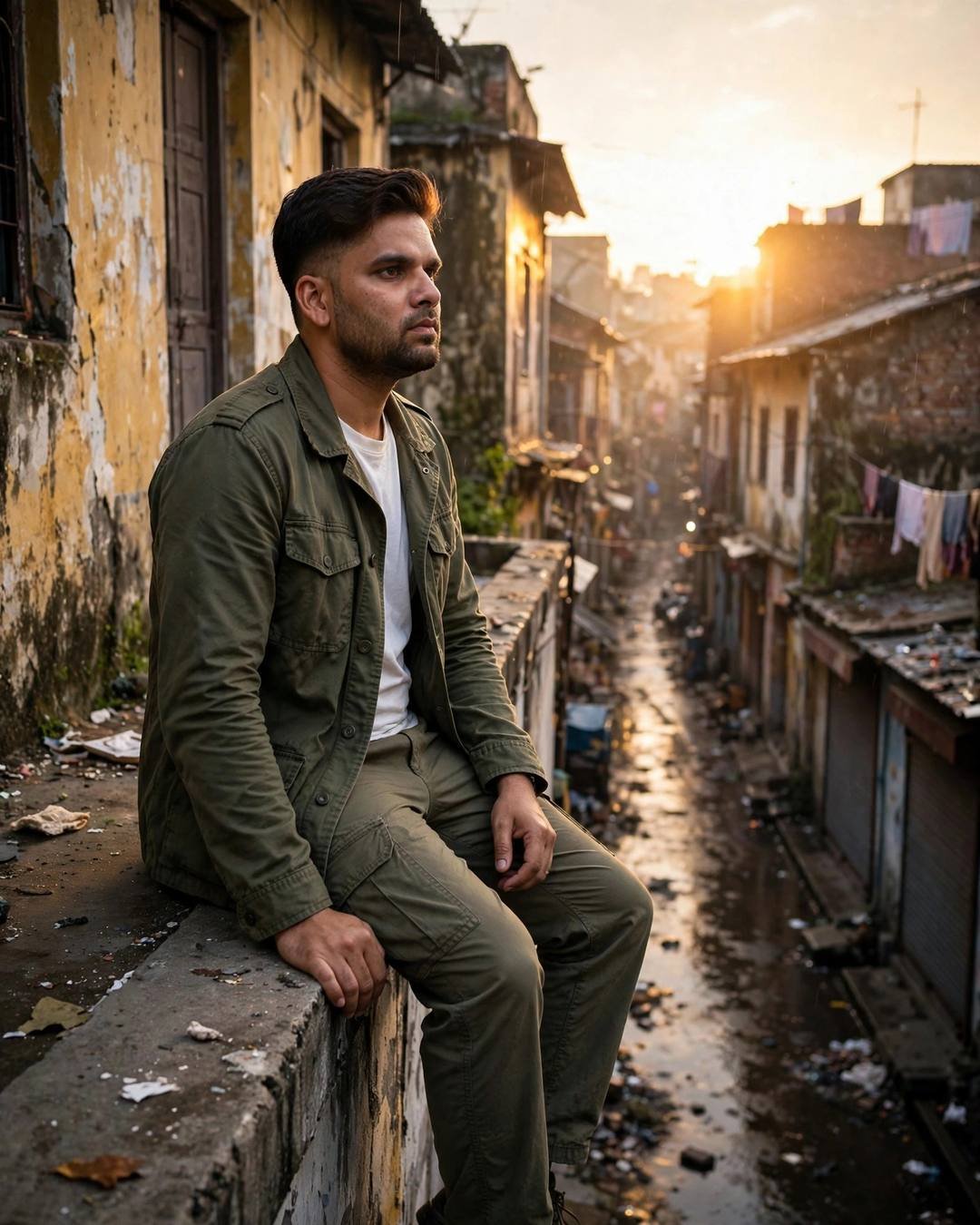 Young man in olive field jacket sitting on a ledge above an old-city lane at golden hour