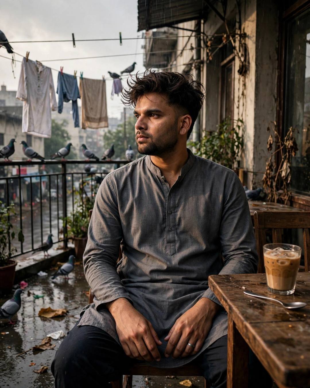 Young man in grey kurta at a terrace cafe table with iced coffee, pigeons and drying clothes around