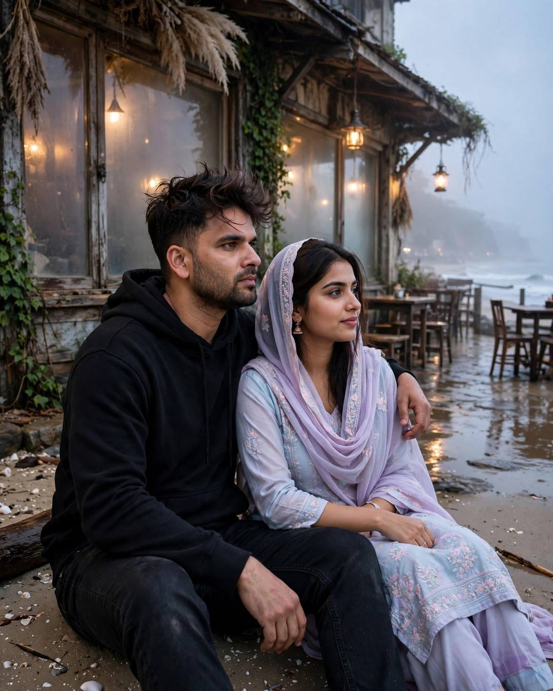 Both reading the same long menu upside — AI-generated photorealistic portrait in the Café Couple mood