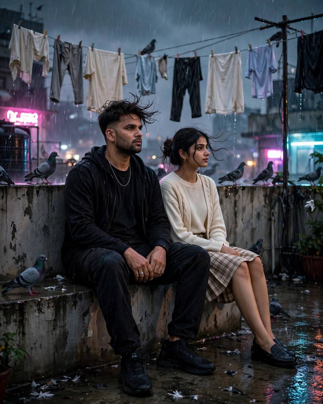 Young Indian couple sitting in shared silence on a rainy rooftop parapet, neon pink and cyan in the rain, pigeons and clotheslines around