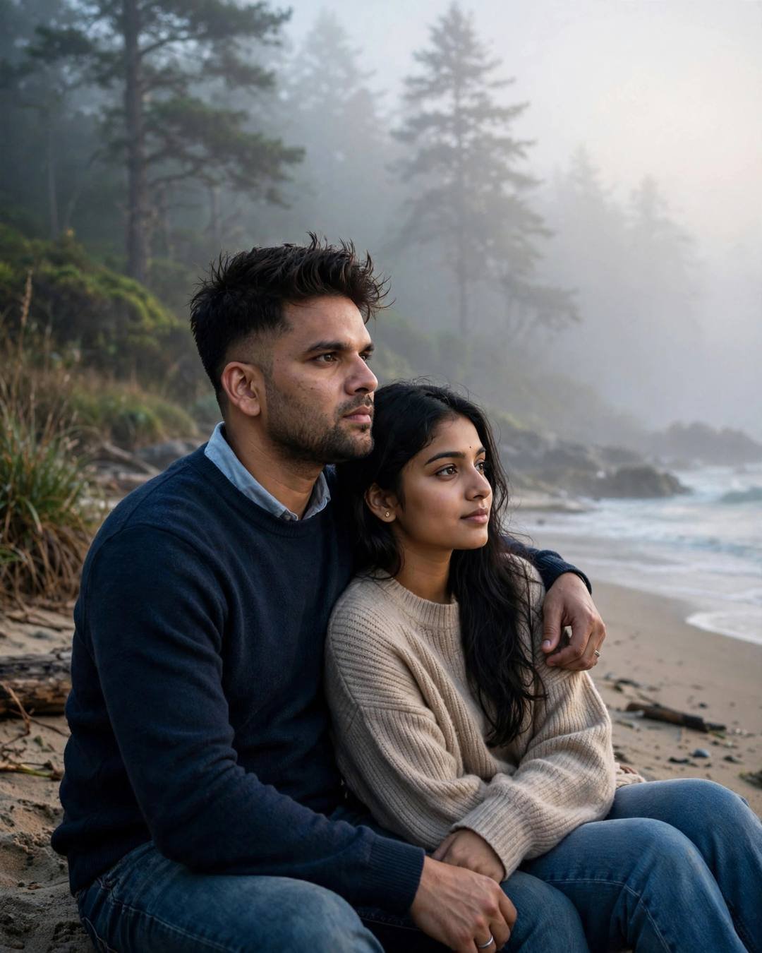 Young Indian couple sitting close on a fog-bound beach at dawn, his arm around her shoulders, he in a navy sweater
