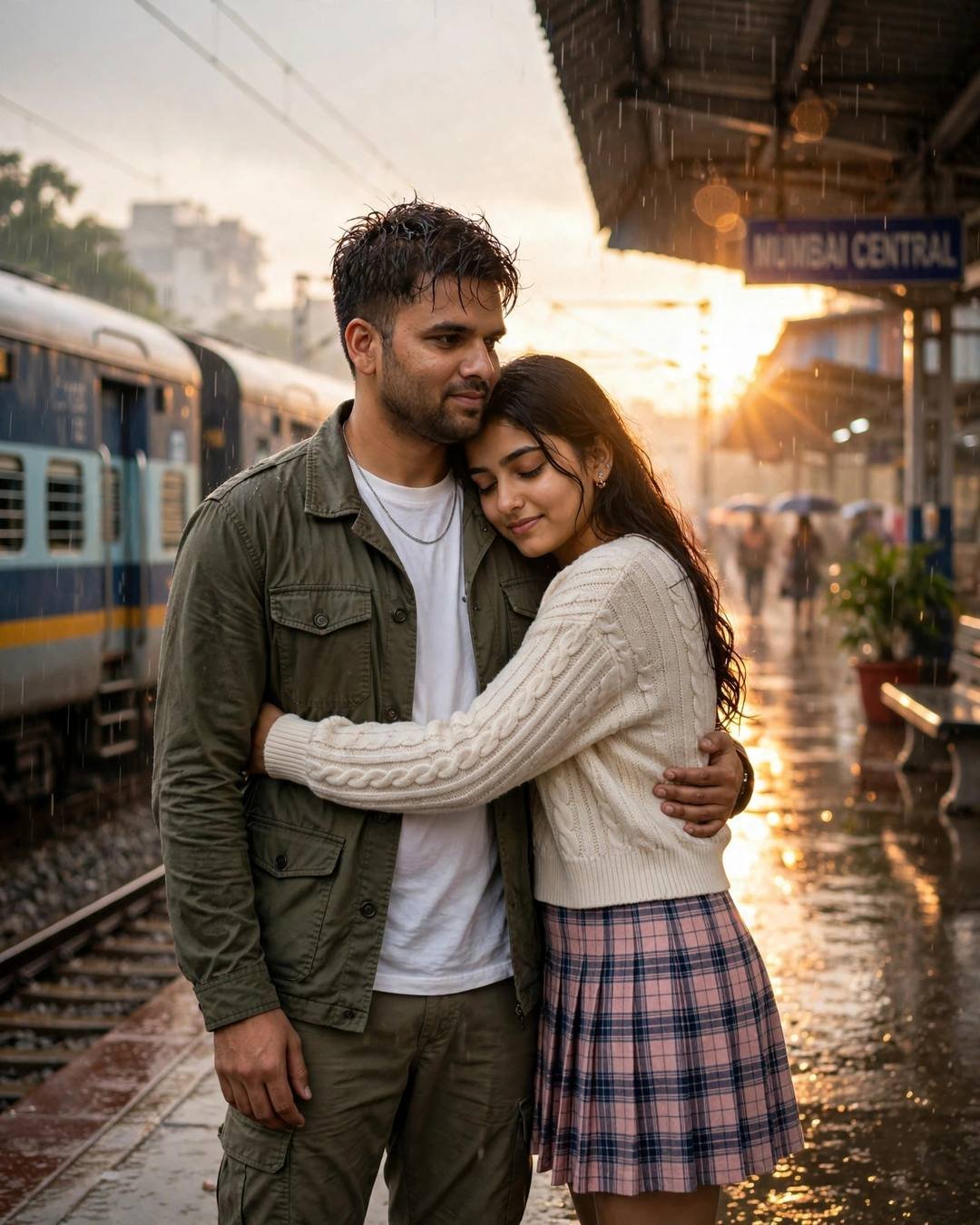 Young Indian couple embracing on a rainy railway platform at golden hour, sun flaring down the platform, train waiting behind