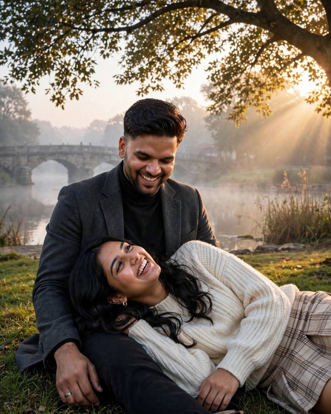 Young Indian couple laughing softly by a slow river at dawn, her head in his lap, he in a charcoal blazer, stone bridge in the mist