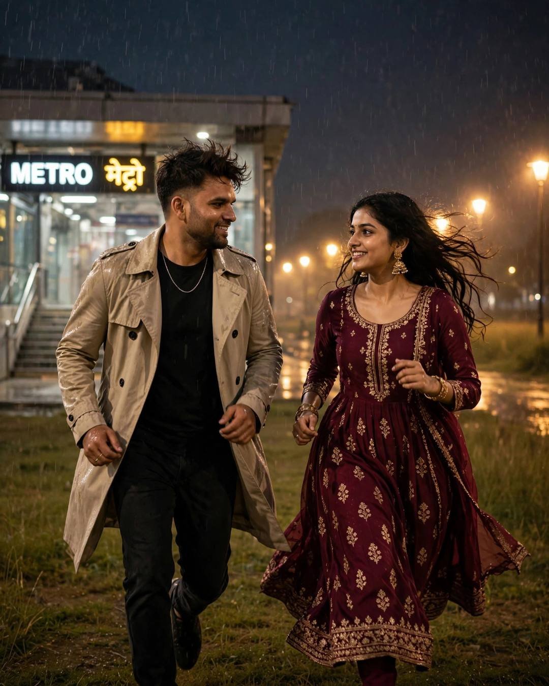 Young Indian couple running toward each other across wet grass outside a metro station at night in drizzle, gazes locked, he in a beige trench coat