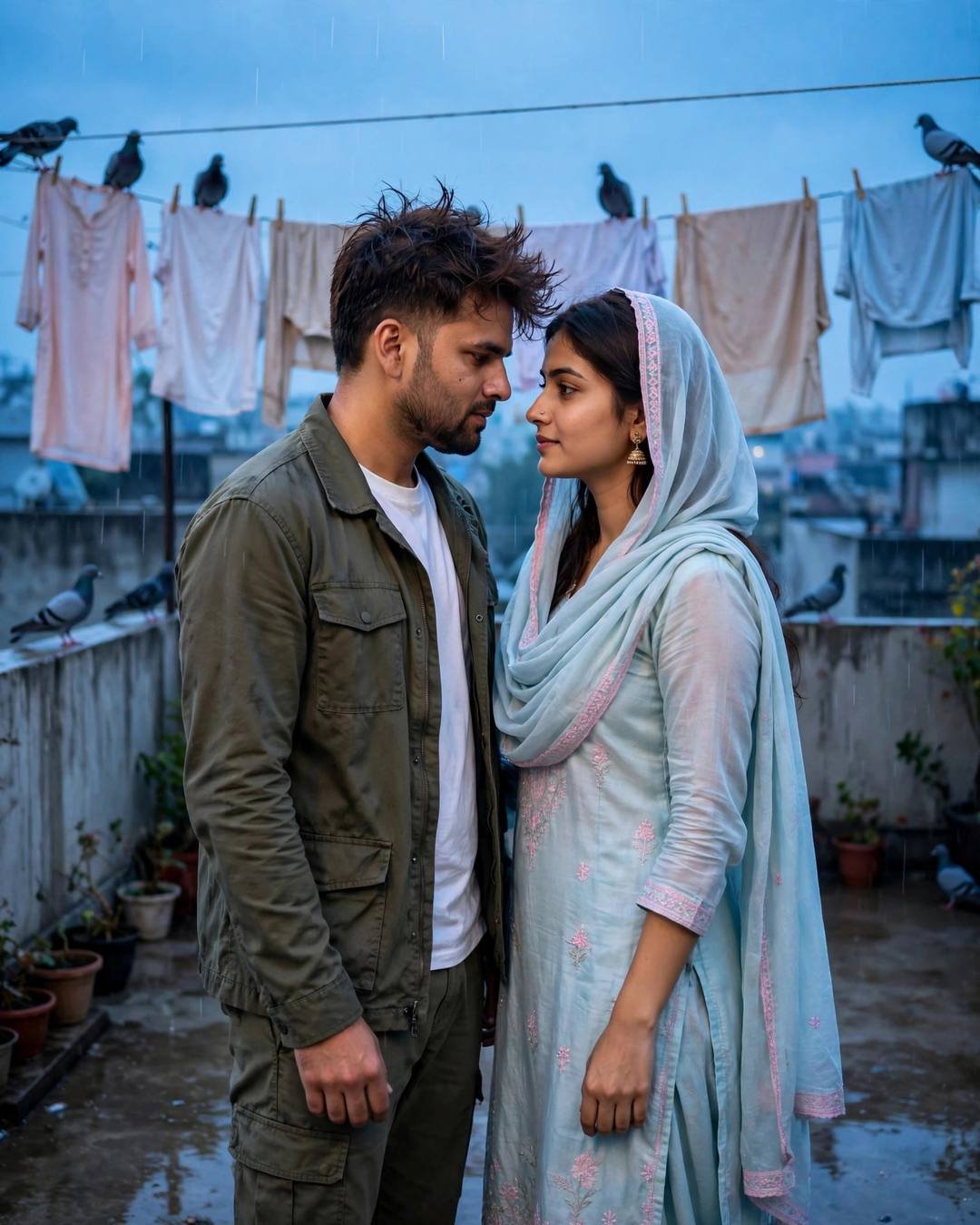 Young Indian couple standing face to face with foreheads almost touching on a rooftop terrace at blue hour in drizzle, she in a pastel salwar-kameez