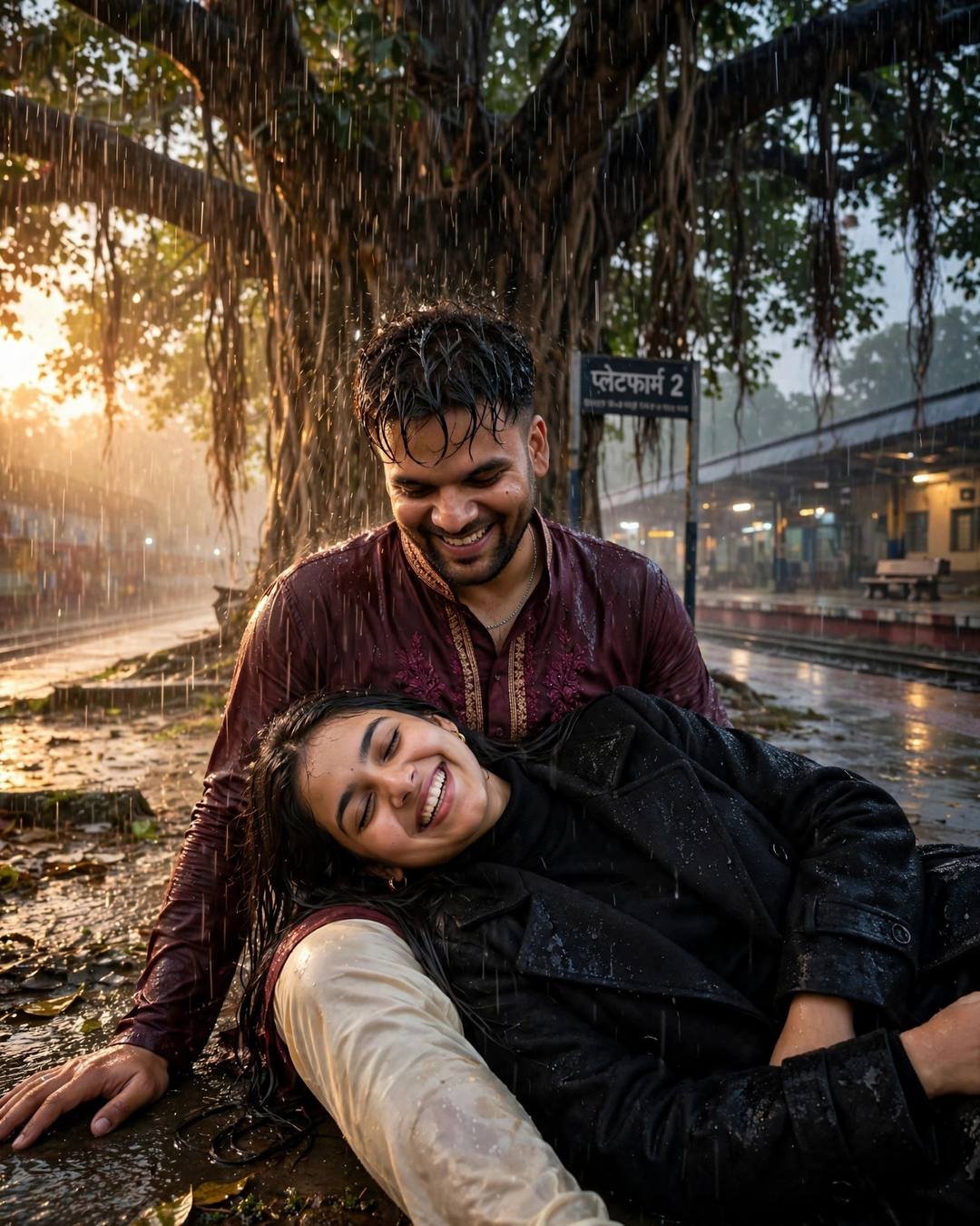 Young Indian couple laughing under a banyan tree at a railway platform in heavy rain, her head in his lap, golden side light, platform sign nearby