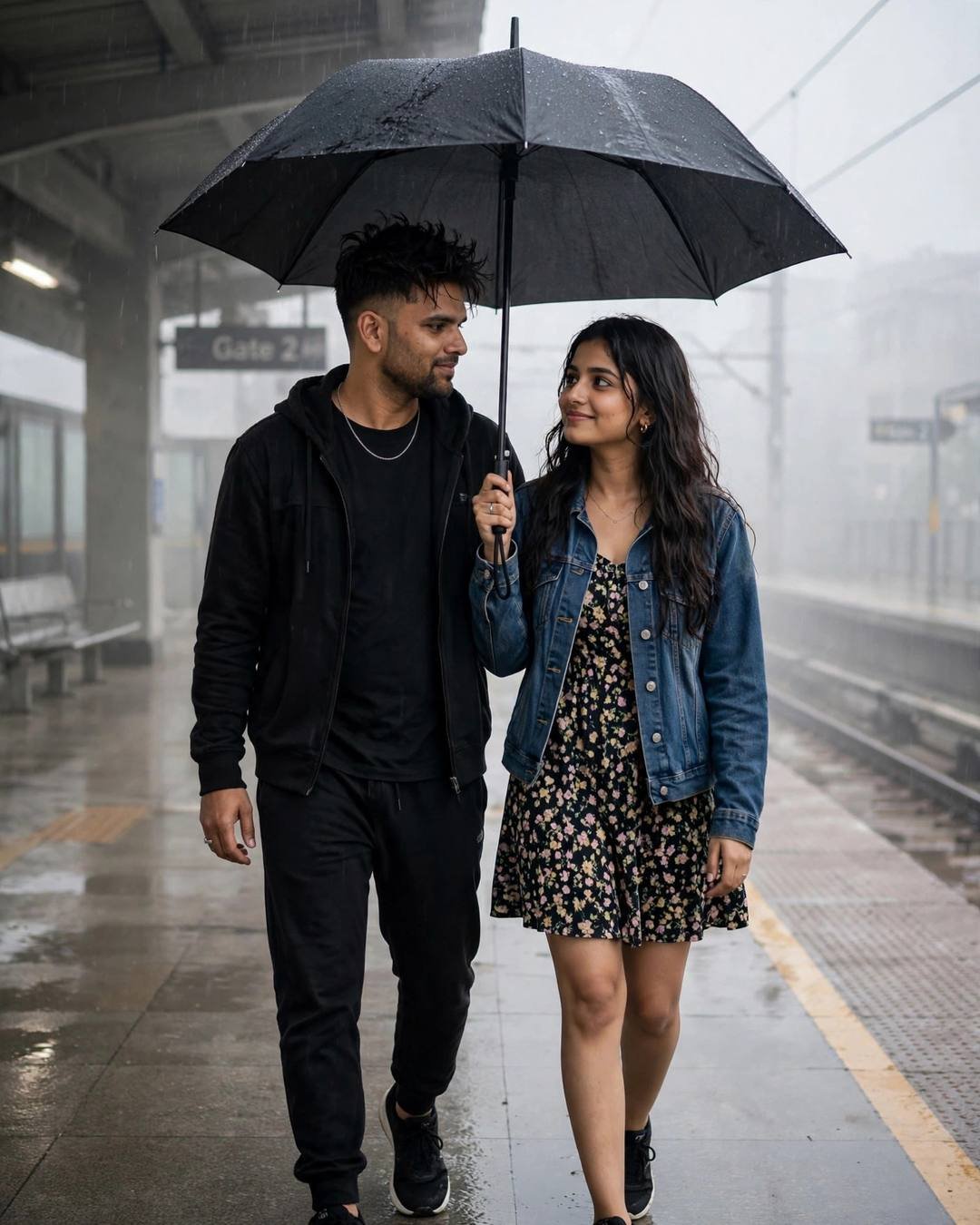 Young Indian couple walking under one umbrella on a foggy metro platform in the rain, looking at each other, gate sign behind