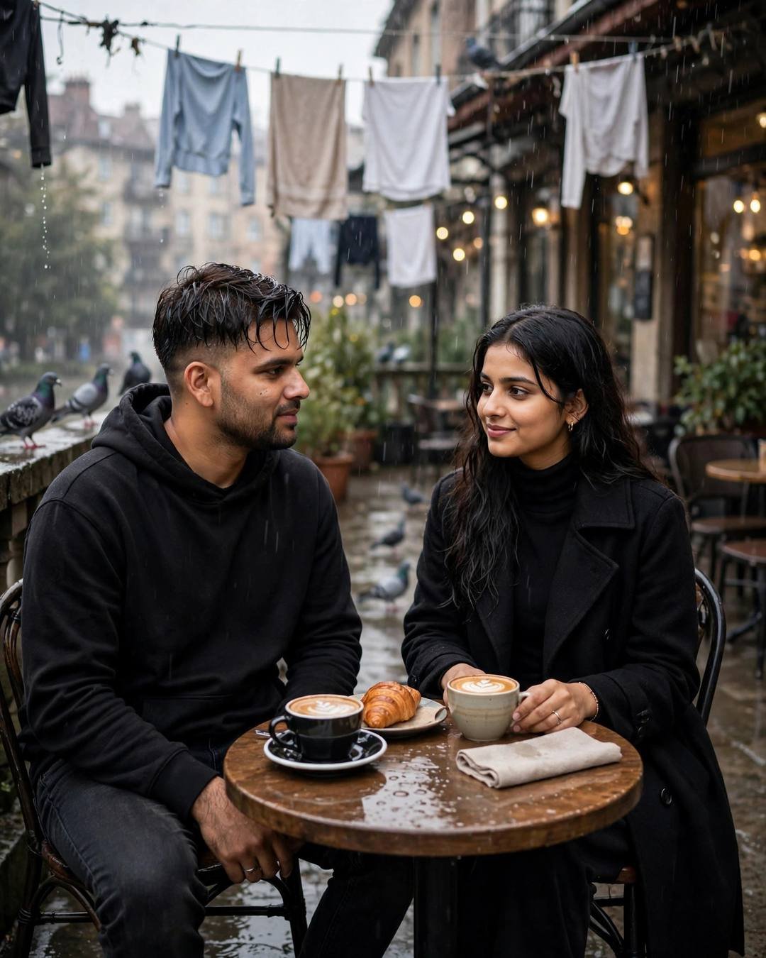 Young Indian couple sitting across a small cafe table with coffee cups in drizzle, clotheslines and pigeons around the terrace