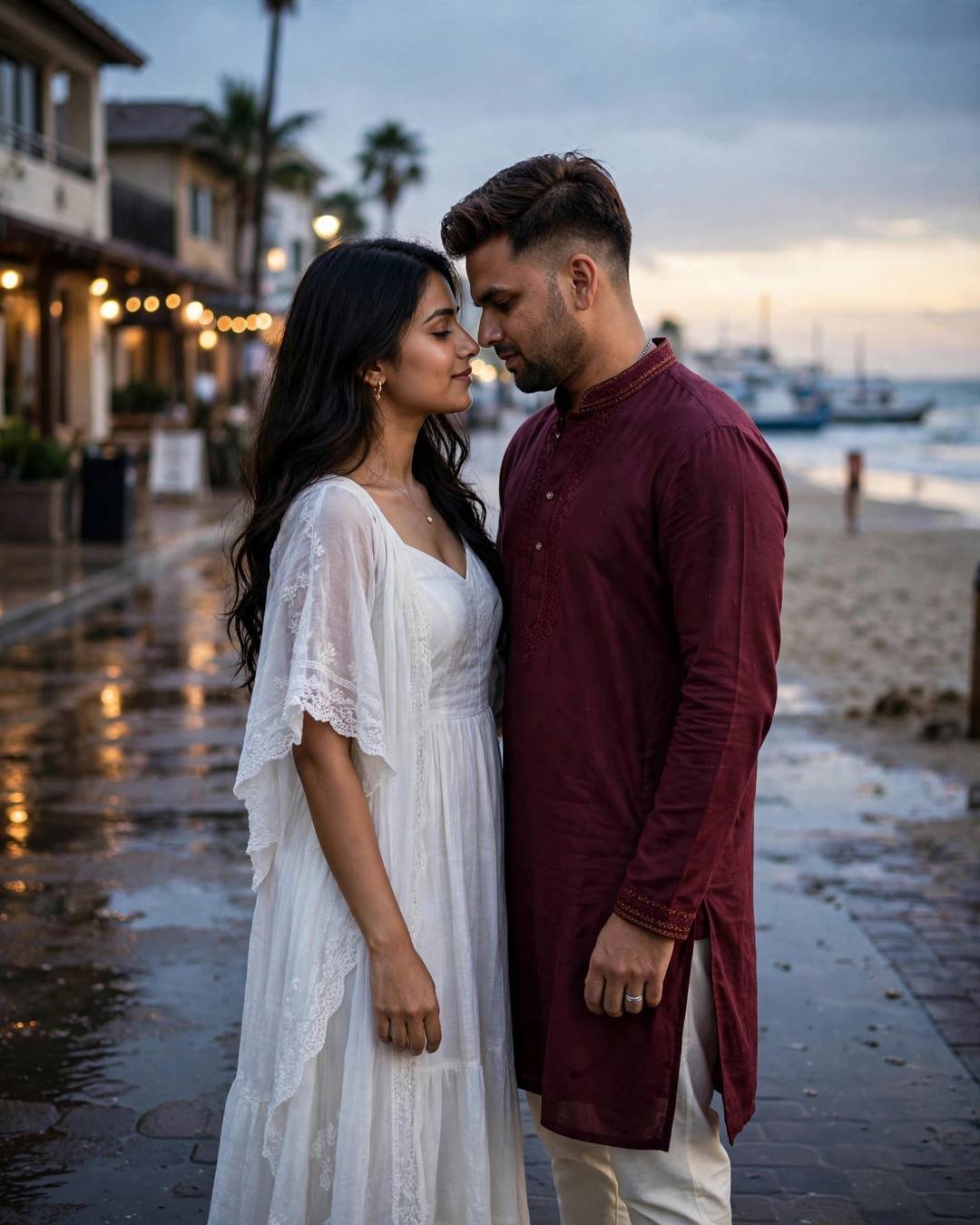 Young Indian couple standing face to face with foreheads almost touching on a wet seaside promenade at dusk, string lights glowing