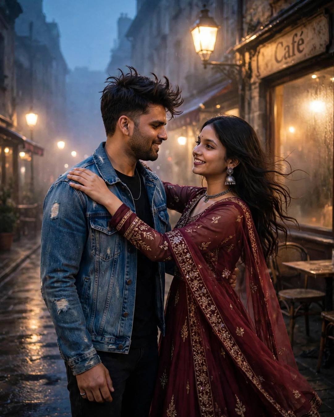 Young Indian couple dancing slowly on a wet cobblestone street outside an old cafe at night, streetlamps gold against blue dusk, she in a maroon anarkali