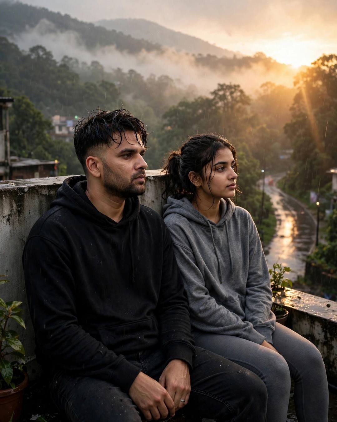 Young Indian couple sitting back to back on a rooftop parapet overlooking a misty valley at golden hour, he in a black hoodie