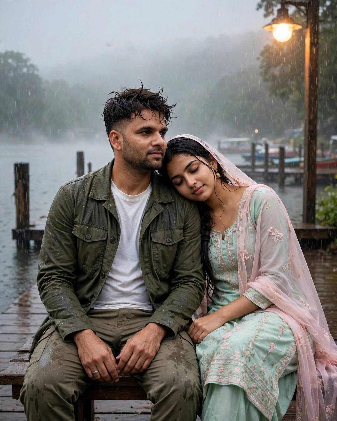 Young Indian couple sitting close on a bench at a rainy lake pier at dawn, her head on his shoulder, sodium lamp glowing in the rain