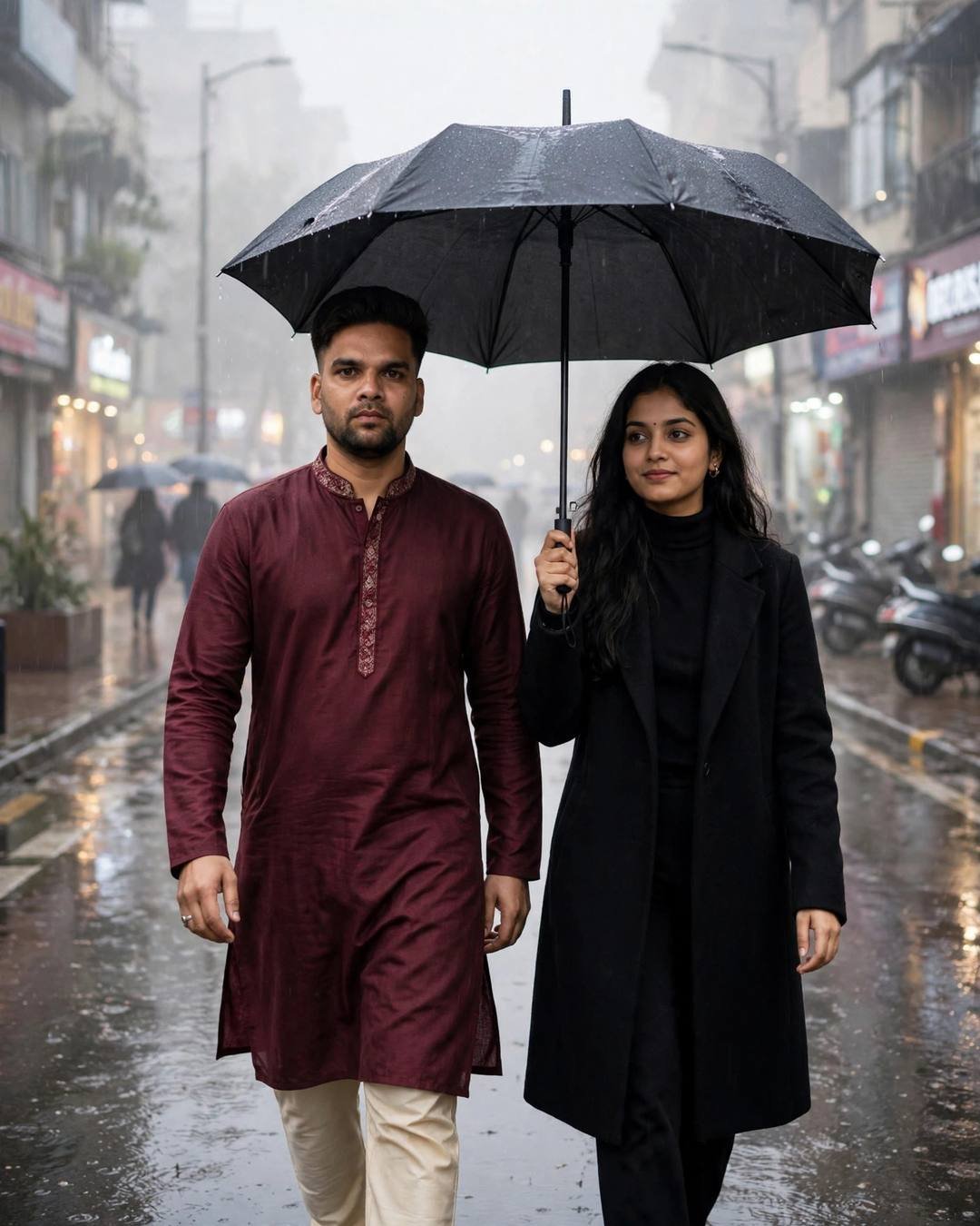 Young Indian couple walking side by side under one umbrella on a rain-soaked foggy city street at midnight, he in a maroon kurta