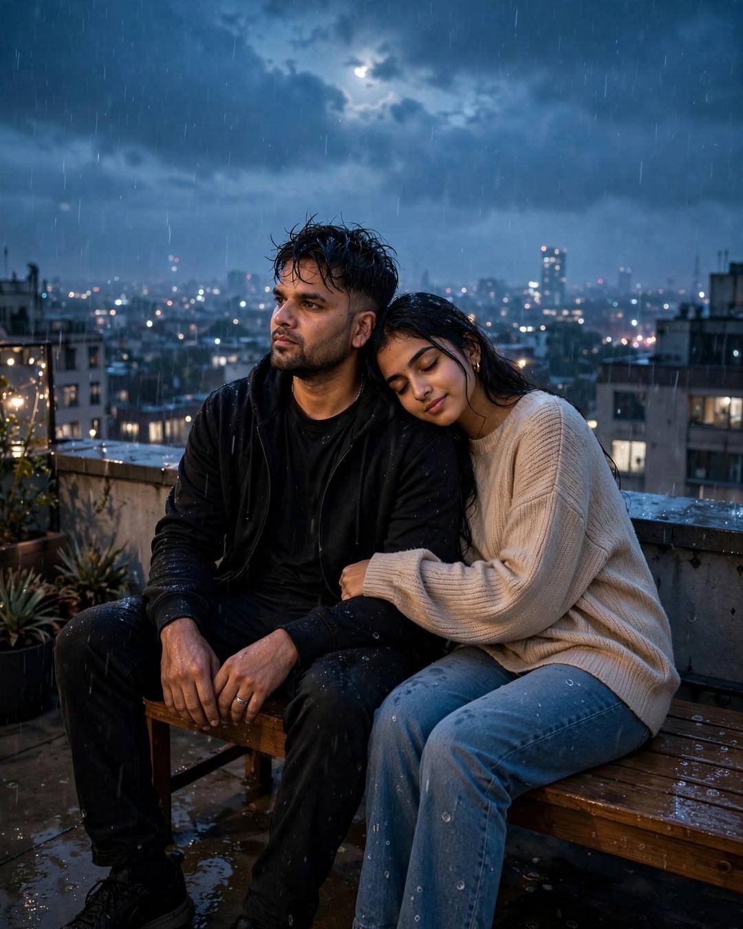 Young Indian couple sitting close on a rooftop bench above a sleeping city at blue hour, her head on his shoulder, moon behind clouds