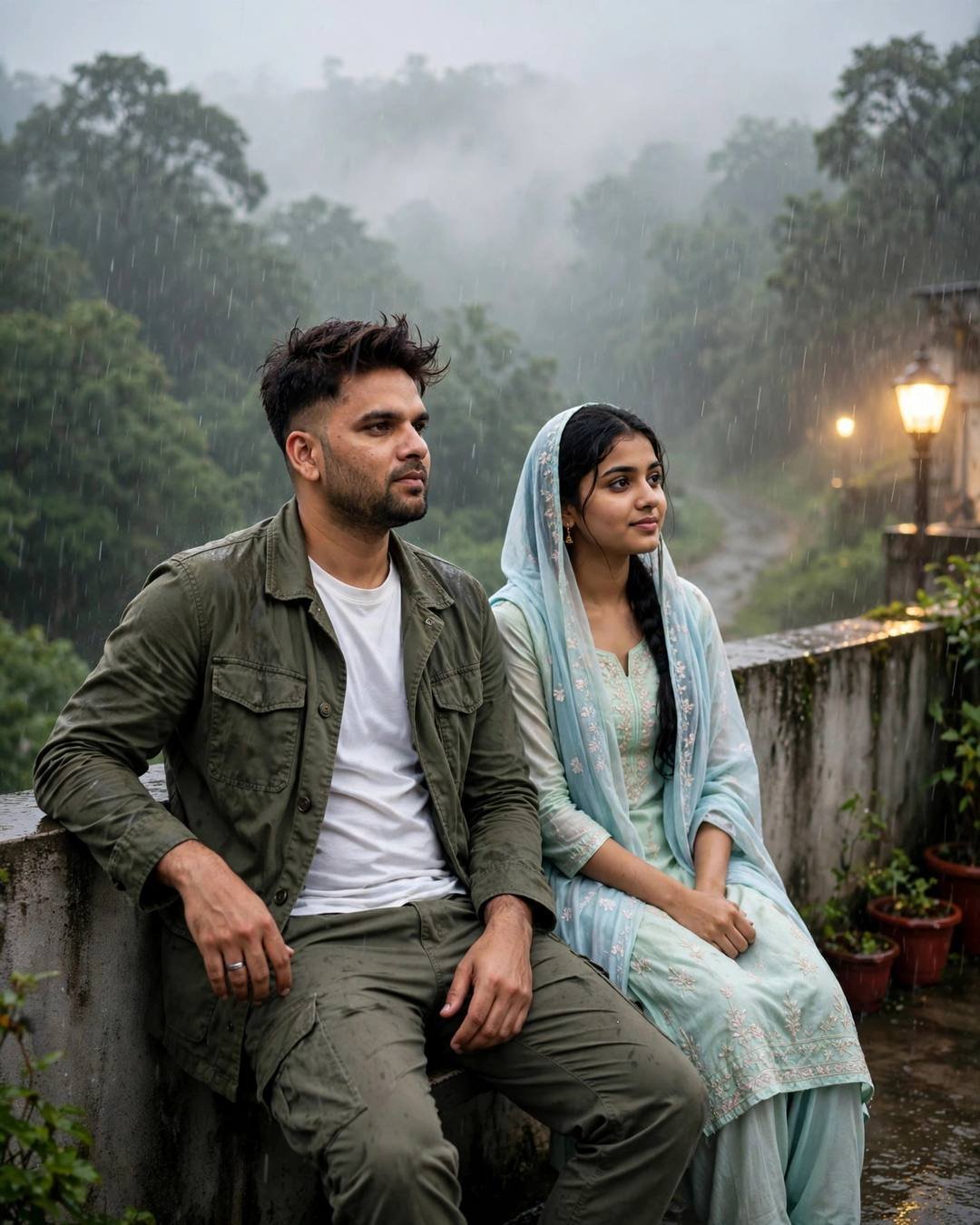 Young Indian couple sitting side by side on a stone parapet above a rain-washed ghat road at dawn, sodium lamp glowing in monsoon mist