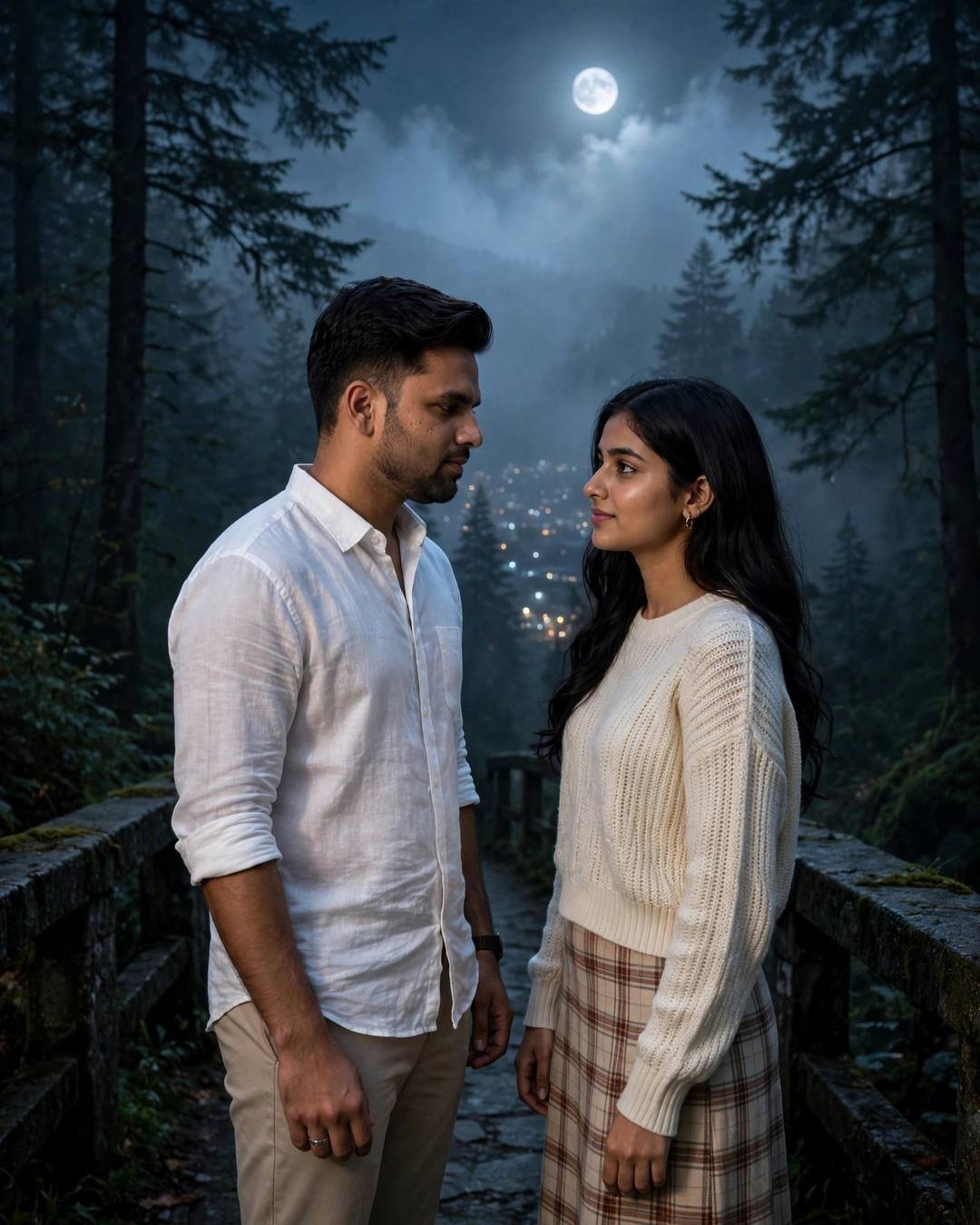 Young Indian couple standing facing each other on a stone bridge in a misty moonlit pine forest, city lights far below