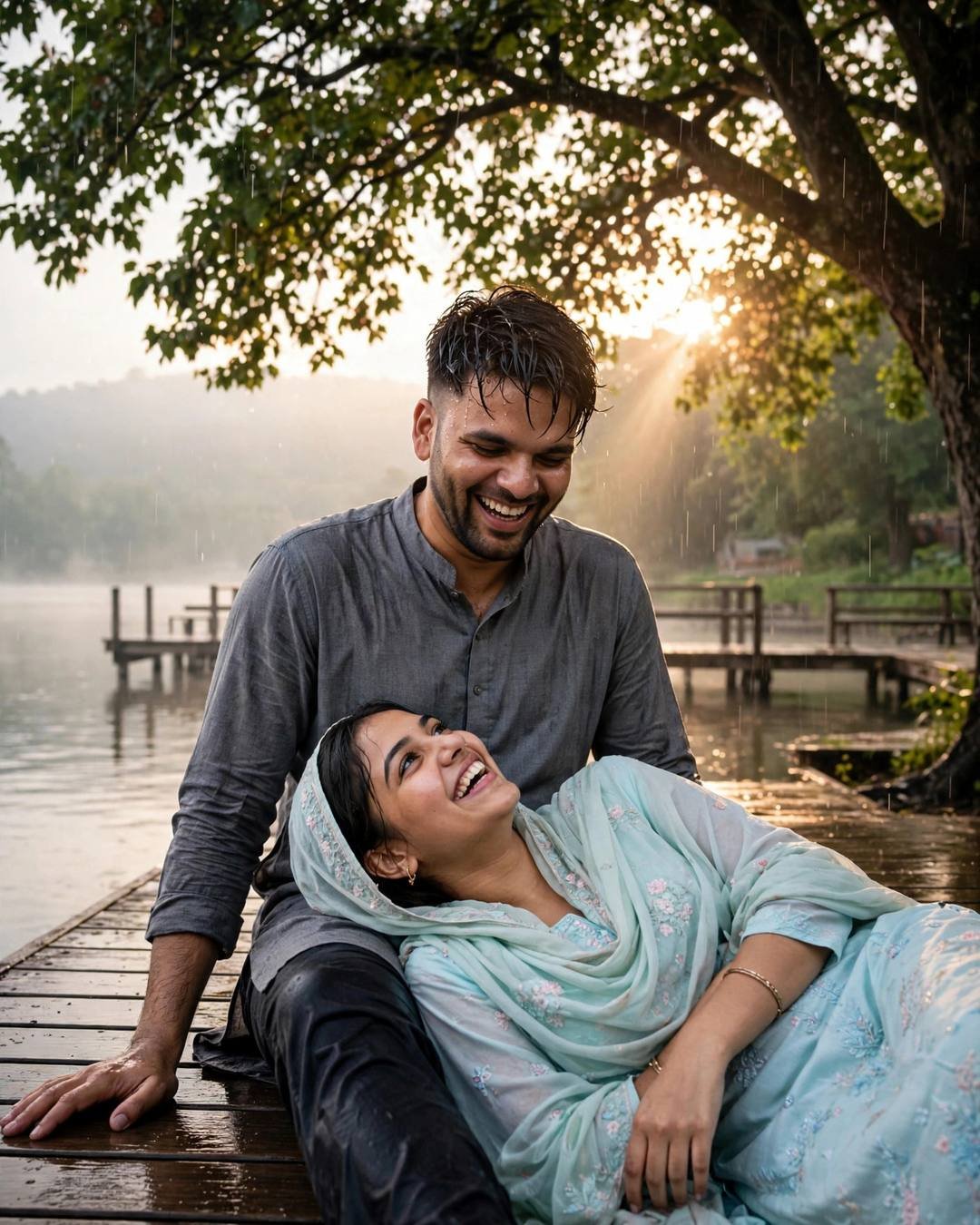 Laughing couple on a wooden pier at a lake at dawn, woman's head in man's lap, golden backlight
