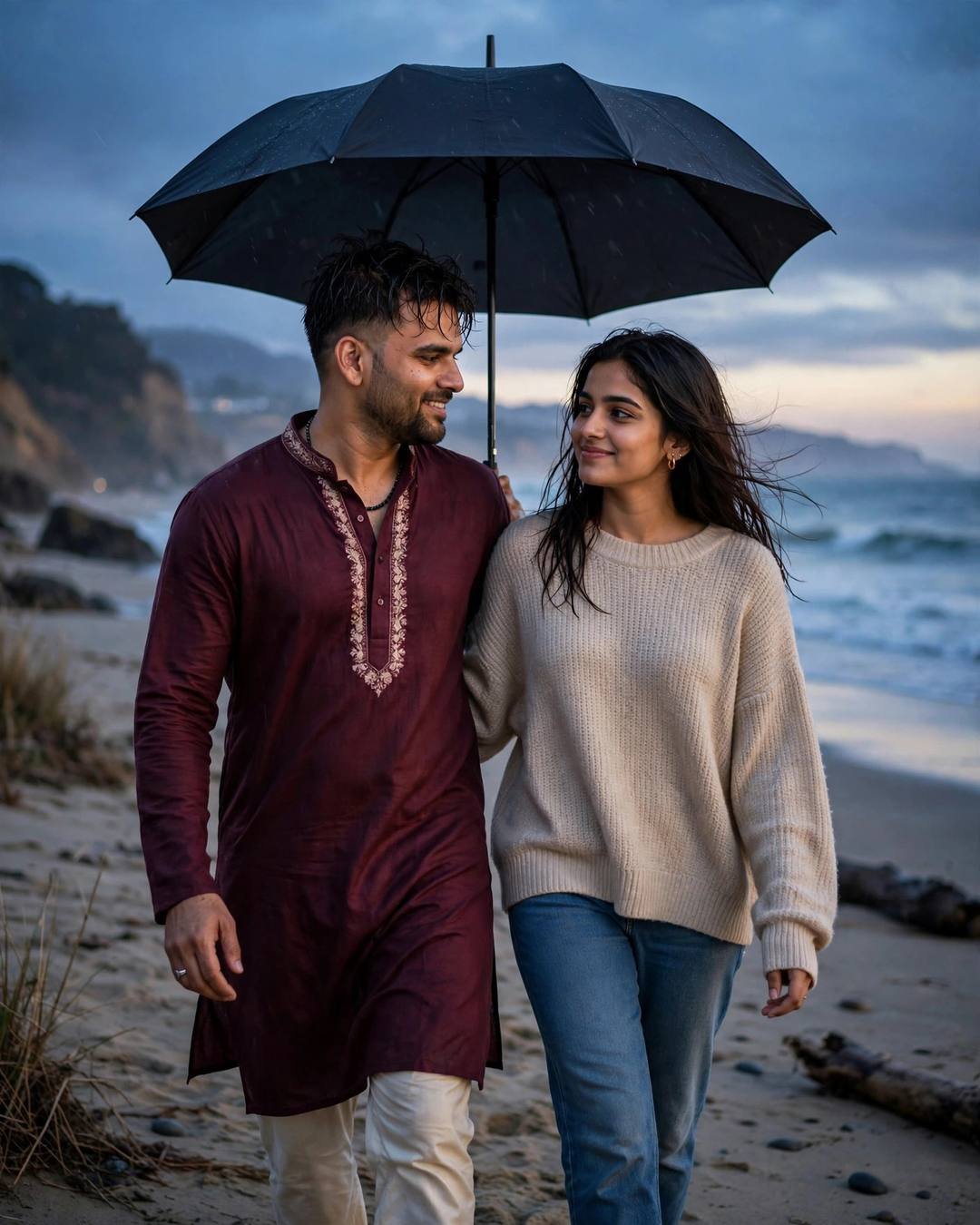 Couple walking under one umbrella on a beach at dusk, man in maroon kurta, woman in beige sweater