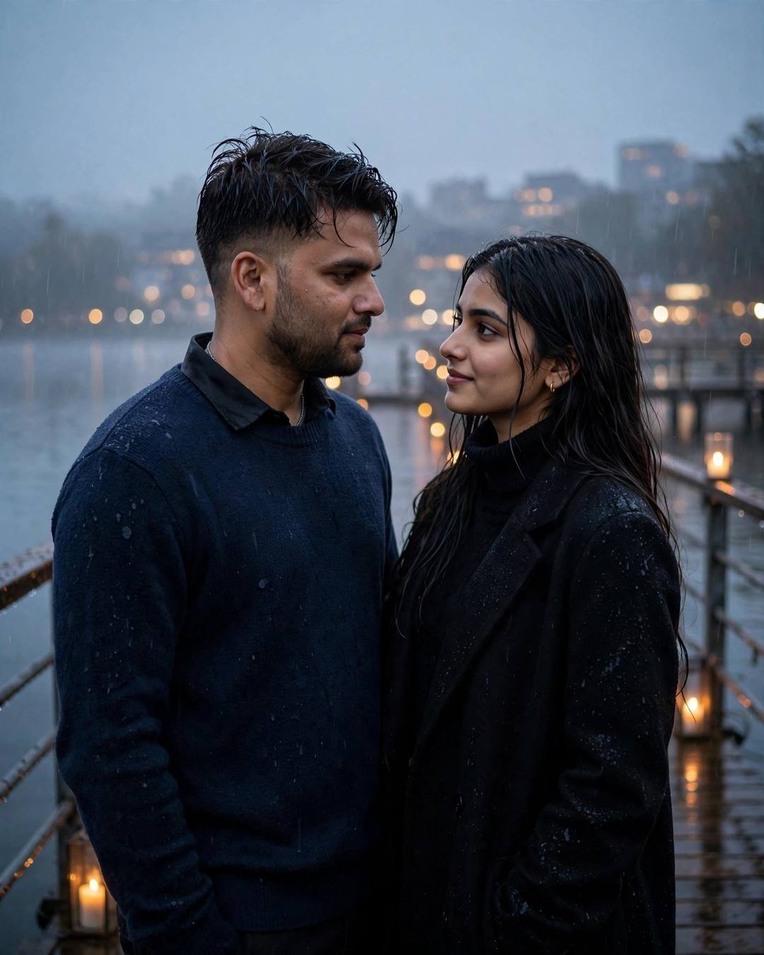 Couple facing each other on a rainy pier at dawn with candlelit lanterns