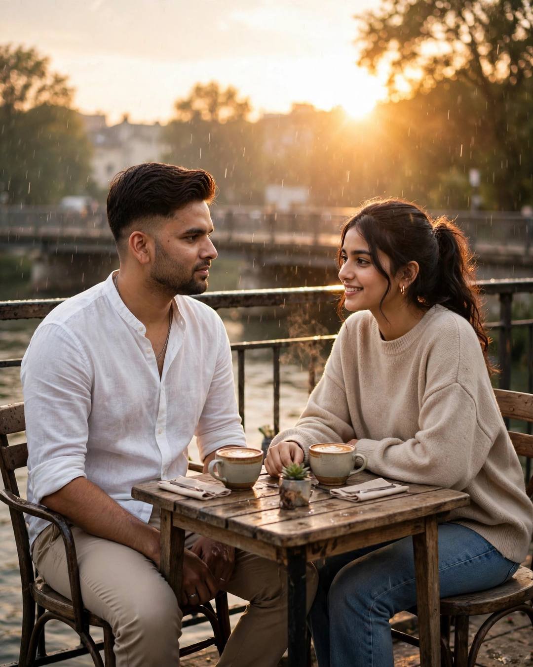 Couple at a riverside cafe table with coffee cups, golden sunset behind