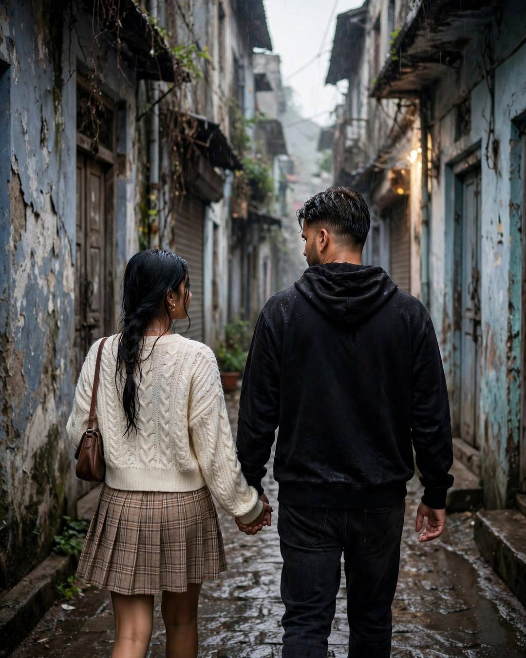 Couple walking hand in hand down a narrow old-city lane in the rain, seen from behind