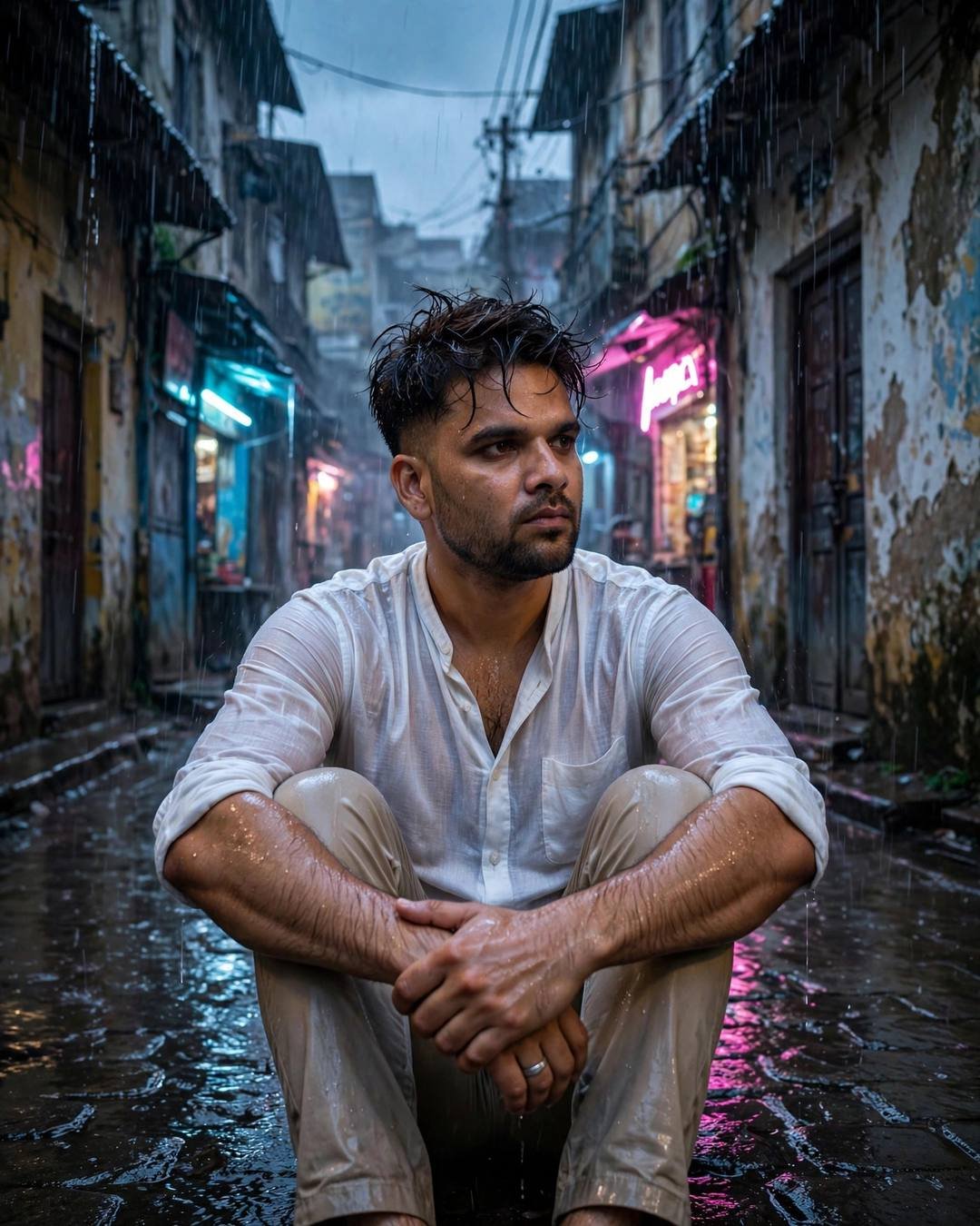 Raindrops sliding off his damp hair in — AI-generated photorealistic portrait in the Dark Cinematic mood