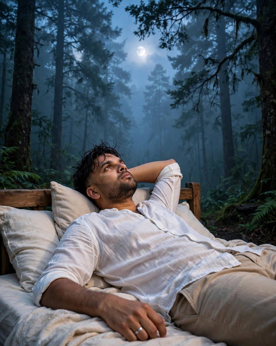 Mist rolling slowly past his worn boots — AI-generated photorealistic portrait in the Dark Cinematic mood
